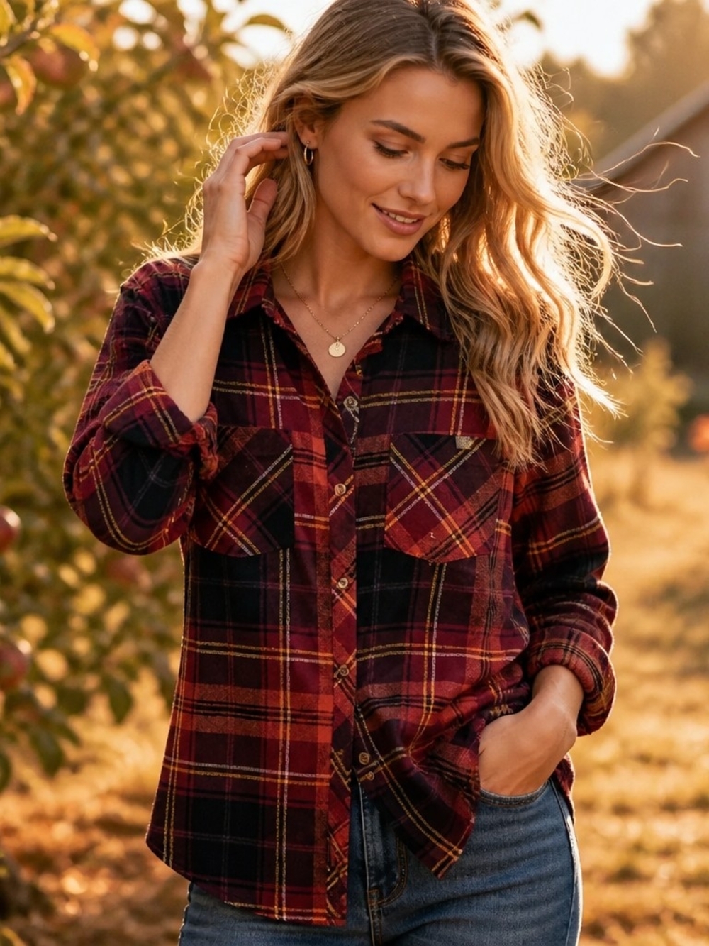 Natural Reflections Burgundy and Black Plaid Button-Down Shirt
